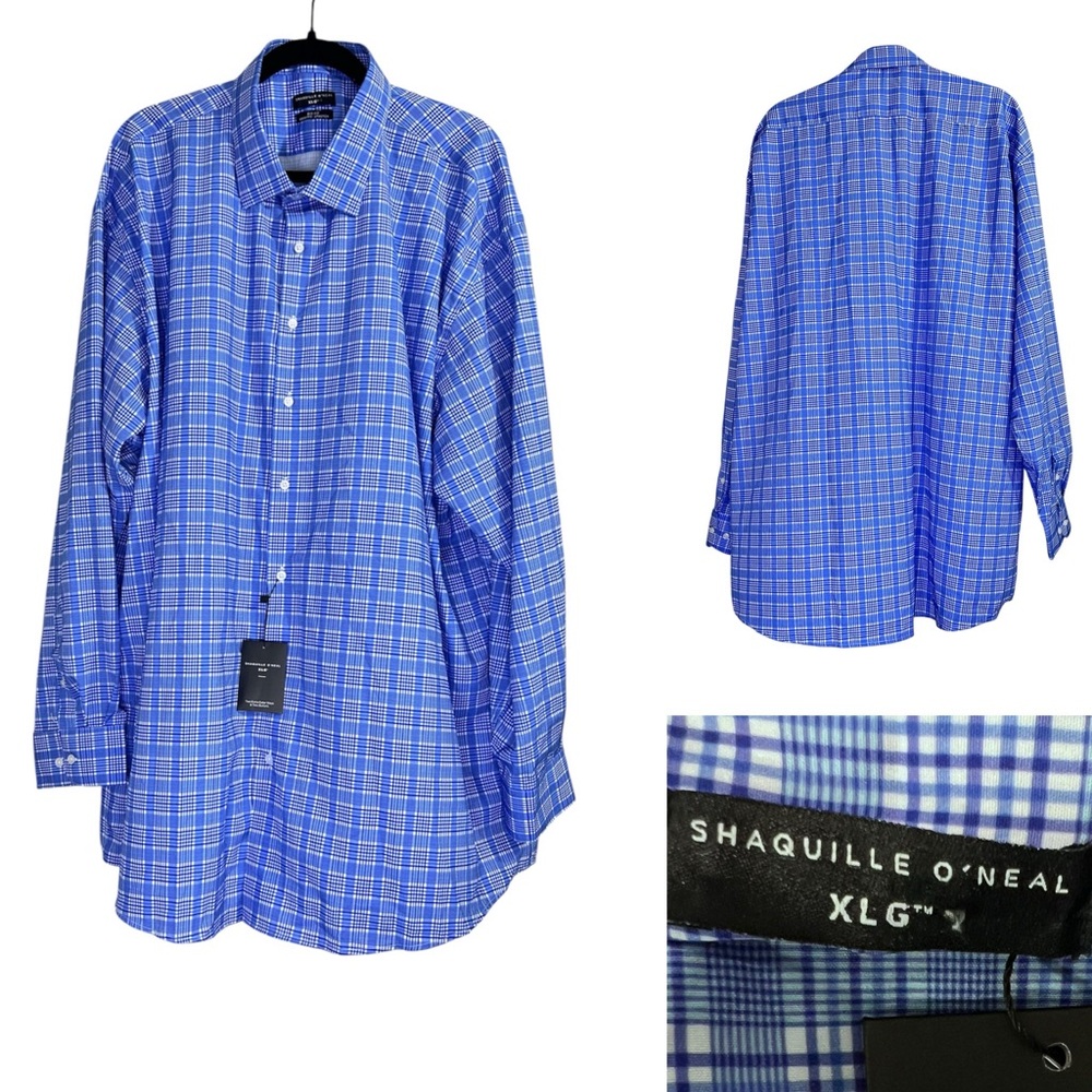 Shaquille O’Neal Men's Casual Shirt Blue Plaid long sleeve button up office fall